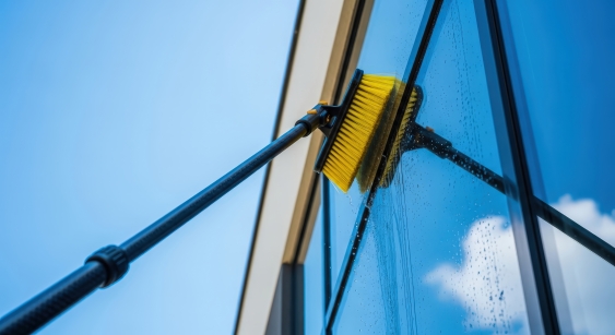 Window cleaning brush on exterior glass