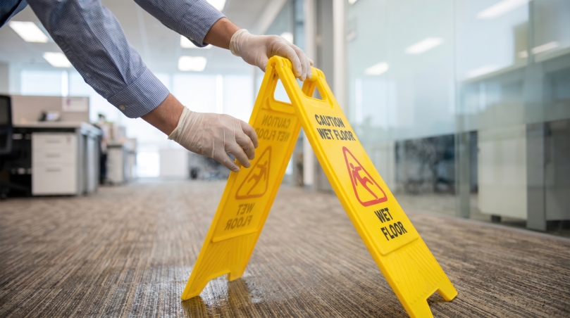 Wet floor safety sign during commercial cleaning