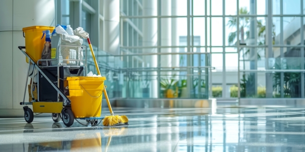 Cleaning trolley in a modern office reception